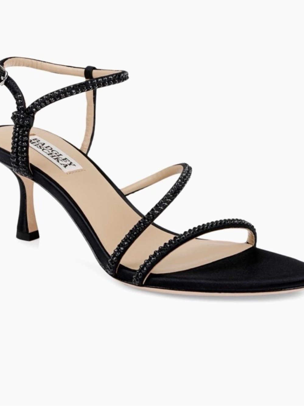 Badgley Mischka Julianna Black Satin Crystal strap Mid Heel Sandal Sz 10 NIB